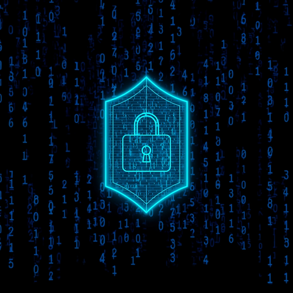 Holographic digital shield protecting data blocks, padlock icon, dark background with binary code rain, cybersecurity concept, glowing neon cyan